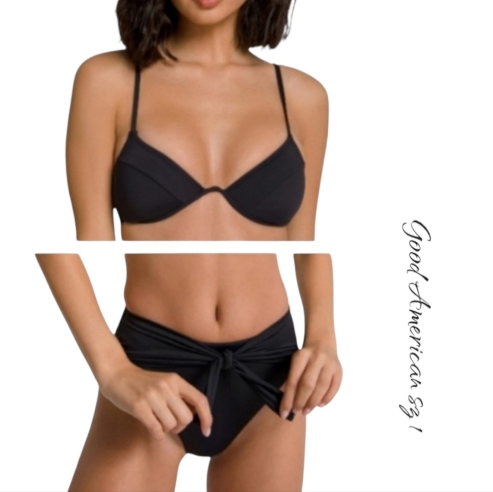 Good American Showoff Curve Bikini Set Black High Waist Tie Front Cincher S